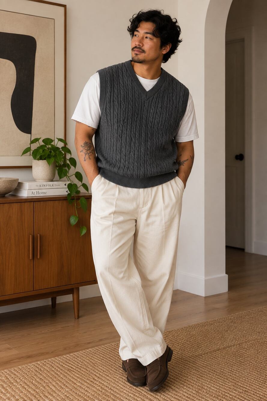 Vintage Greg Norman Cable Knit Sweater Vest Charcoal Gray Golf L ✨